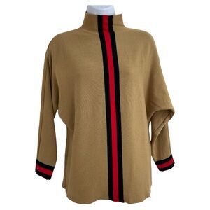 Northern Angel Tan Black Red Striped Knit Sweater Top Moc Neck Size M Comfort